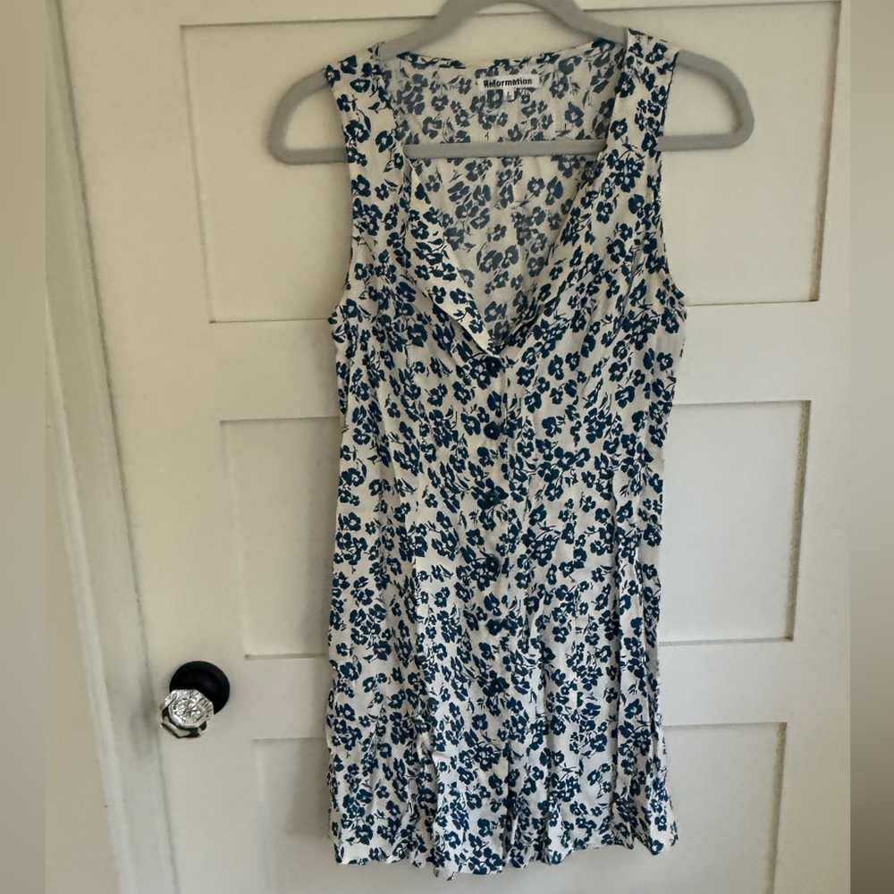 Reformation White mini sundress with Blue Floral Pattern